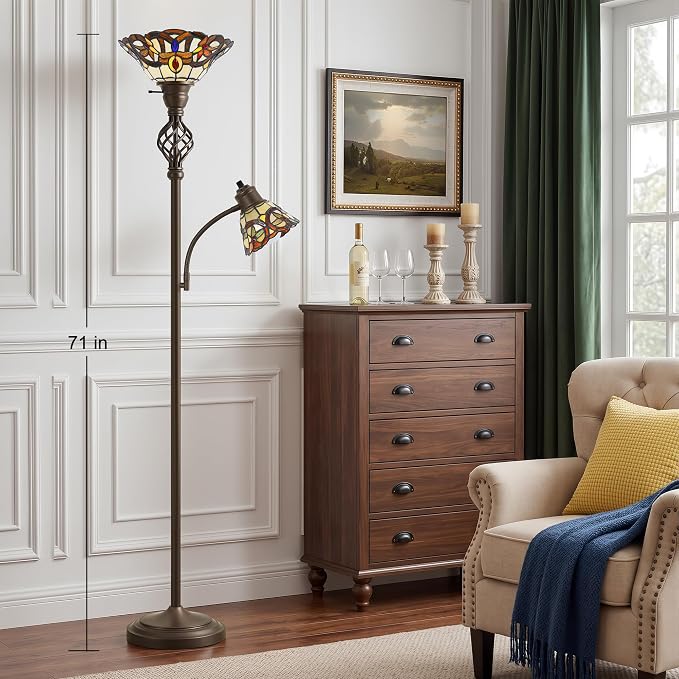 Tiffany Floor Lamp, Torchiere Floor Lamps with Stained Glass Shade, 70" Tall Standing Lamp with Adjustable Gooseneck Reading Lamp for Living Room Bedroom Office, Bulbs Included