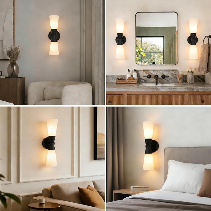 Wall Sconces Set of 2 for Bathroom, Modern Indoor Vanity Light Fixtures 17", Up Down Lighting, Wall Mount Lamp for Living Room Bedroom Hallway Stairway Fireplace Mirror E26 Base 2PC White&Black