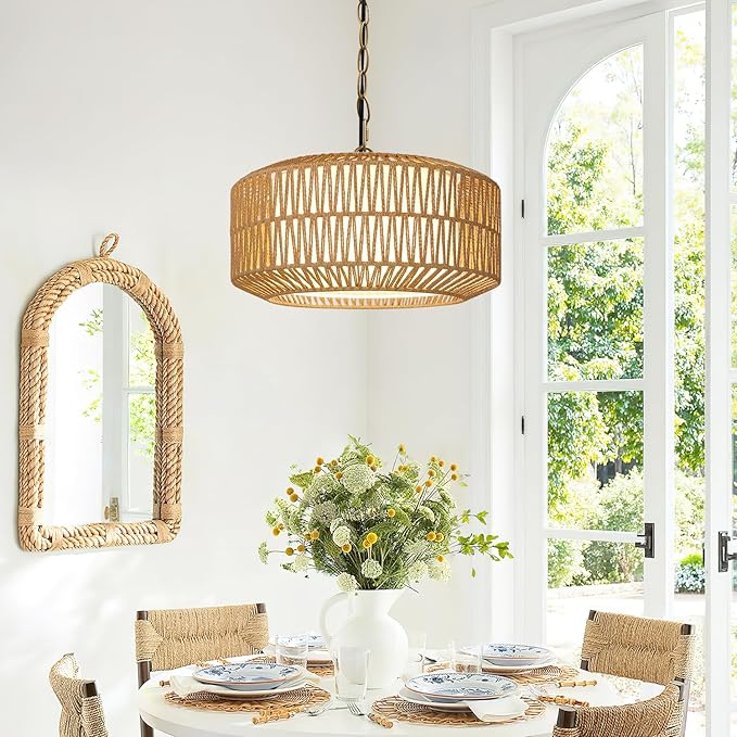 Farmhouse Chandelier Light Fixture, 5-Light Rattan Boho Chandeliers for Dining Room, Hand Woven Pendant Light with Linen Shade, Rustic Hanging Lighting for Kitchen Island, Bedroom (Bulb Not Included)