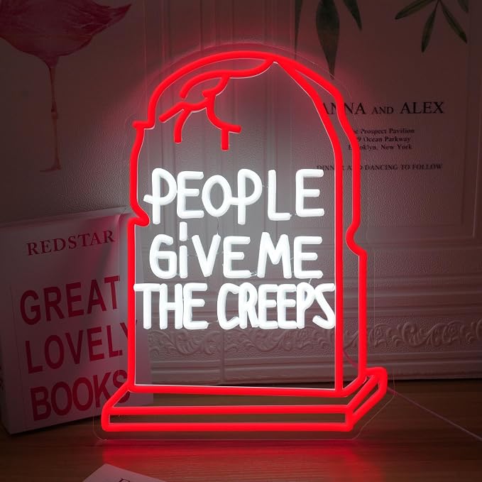 GNVETZLL Halloween Neon Sign for Wall Decor Halloween Tombstone Neon Light Creeps Ghost LED Light up Sign for Party Gift Trick or Treat Party Backdrop