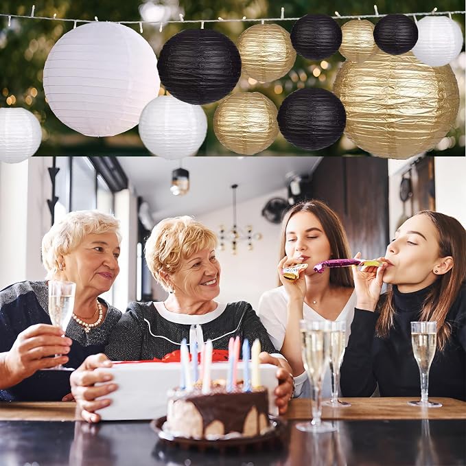 12Pcs Paper Lanterns 6”, 8”, 10”, 12”,Paperlanterns Party Decoration, Black White Gold Paper Lanterns for Wedding, Bridal, Birthday, Outdoor, Home, Garden, Holiday and Party.