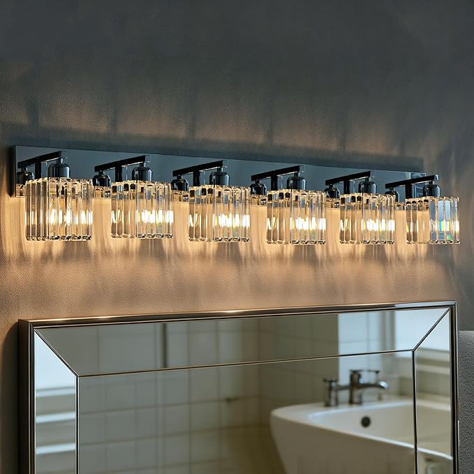 Brushed Chrome Crystal Bathroom Vanity Light, 6-Light Modern Bathroom Lighting Fixtures Over Mirror,Chrome Wall Sconce Light Fixtures with Square Shade