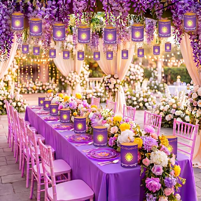 Fuyoooo 20 Set Paper Sun Lantern with LED Candles for Centerpieces LED Tea Lights with Paper Bags Battery Operation for Princess Wedding Party, Halloween, Christmas Decoration(Purple,Sun)
