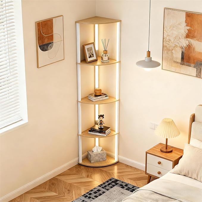 Lightdot Corner Floor Lamps with Shelves, 64Inch 5-Tier Storage Shelf Lamp with Integrated LED Posts/Walnut Shelf/White Frame, White Display Floor Lamp for Living Room/Bedroom/Sofa Beside/Corner Decor