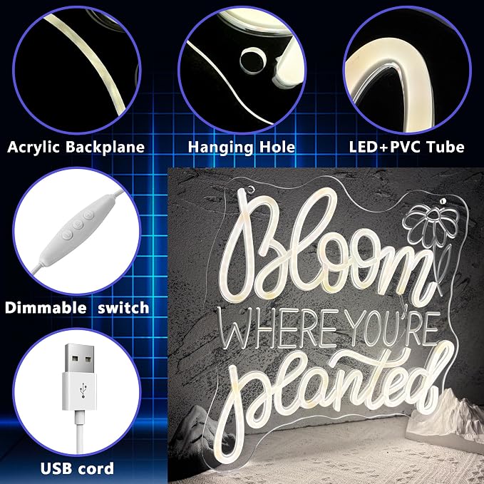 Bloom Where You’Re Planted Neon Sign, Inspirational Neon Light USB Powered LED Flower Sign Dimmable, for Office Motivational Graduation Gift Bedroom Room Living Room Library(12.9 * 12.9 In)