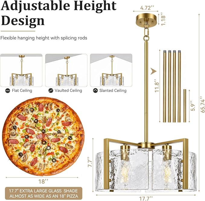 17.7 Inch Gold Chandeliers for Dining Room, Adjustable Height | 4-Light Vintage Entryway Light Fixture, Glass Pendant Lights for Kitchen Island Foyer Bedroom Bathroom