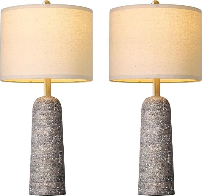 BOBOMOMO 27.25" Modern Table Lamp Set of 2, Light Grey Resin Table Lamps with Stone Look, Lamps for Living Room with Linen Shades, Bedroom Nightstand Lamps, Table Lamps for Living Room End Tables