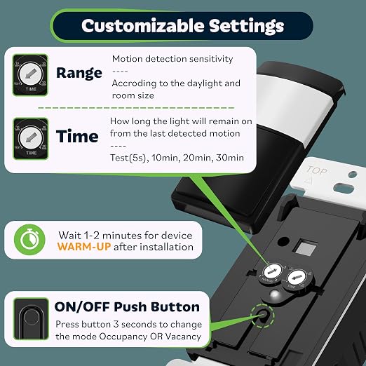 TOPGREENER Motion Sensor Light Switch, No Neutral No Ground Wire, 2 Pack | Occupancy&Vacancy PIR Motion Sensor Switch, Operable Without Ground Wire, Single Pole, UL listed,Wall Plate Included, Black