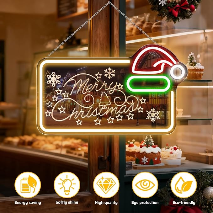 16.5 x 10’’ Mirror Merry Christmas Neon Sign, Carving LED Sign with Santa Hat, USB Powered Dimmable Switch for Xmas Party Kids Bedroom Bar Pub Club-Christmas Gift Decorations