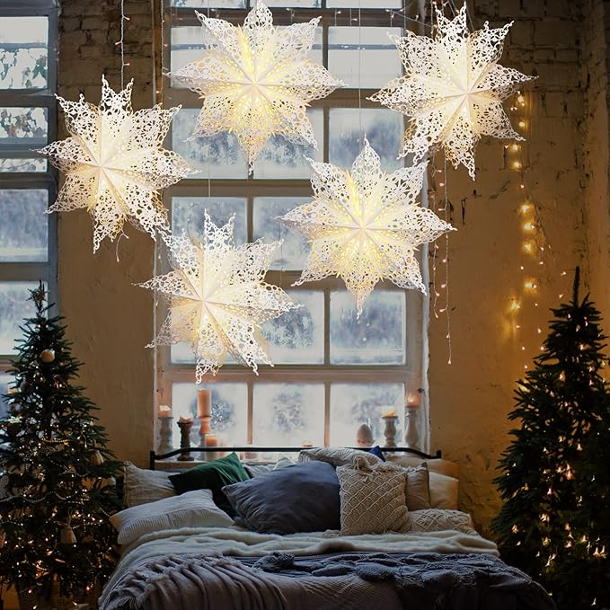 Mudder 23.6 Inch Christmas Paper Snowflakes Star Lantern with Light Parol Lantern Filipino Party Supplies Hanging Decoration for Weddings Christmas Trees Birthday Holiday Party Celebration