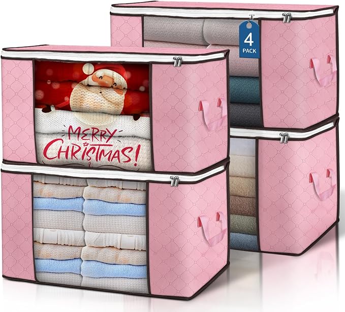 90L Large Storage Bags, 4 Pack Clothes Storage Bins Closet Organizers | Foldable Storage Containers, with Reinforced Handle, for Clothing, Blanket, Comforters, Bed Sheets, Pillows and Toys