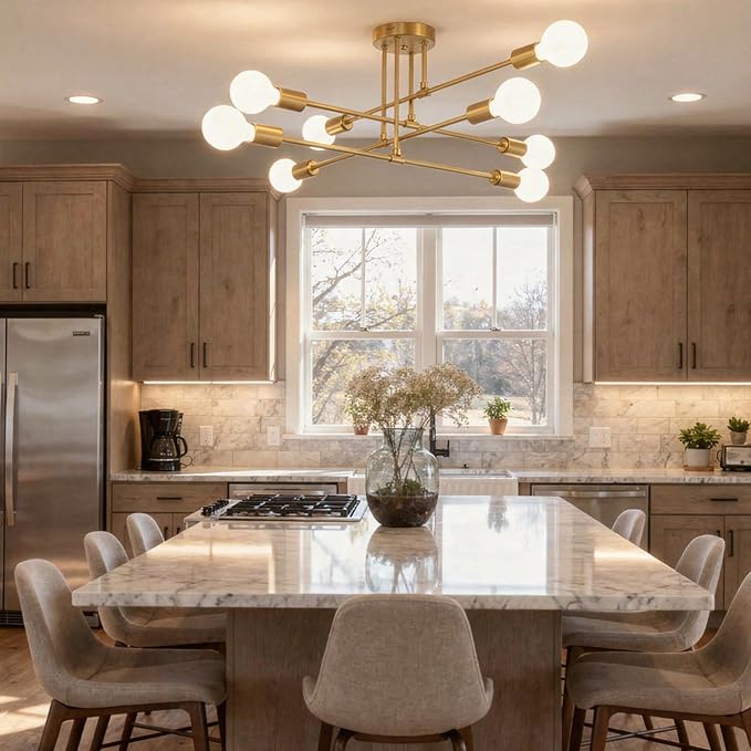 Modern Sputnik Chandelier Ceiling Light Fixtures, 8-Lights Mid Century Industrial Metal Semi Flush Mount for Dining Room, Bedroom, Living Room-Brushed Gold