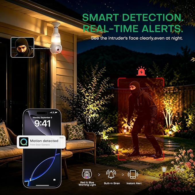 3MP 2K WiFi Light Bulb Camera with Alexa,Full-Color Night Vision,12x | 2.4GHz & 5GHz Wireless Light Bulb Cam,Two-Way Audio,Smart Motion Detection with Alexa,Indoor & Outdoor Use E26/27 Sockets