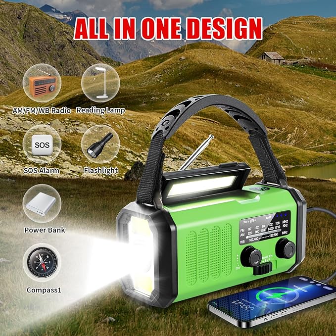 Emergency Radio with Solar/Hand Crank/USB Charging, 10000mAh Rechargeable Battery,NOAA/AM/FM Weather Radio with Multi-Function Flashlight and Cell Phone Charger for Indoor/Outdoor Emergencies