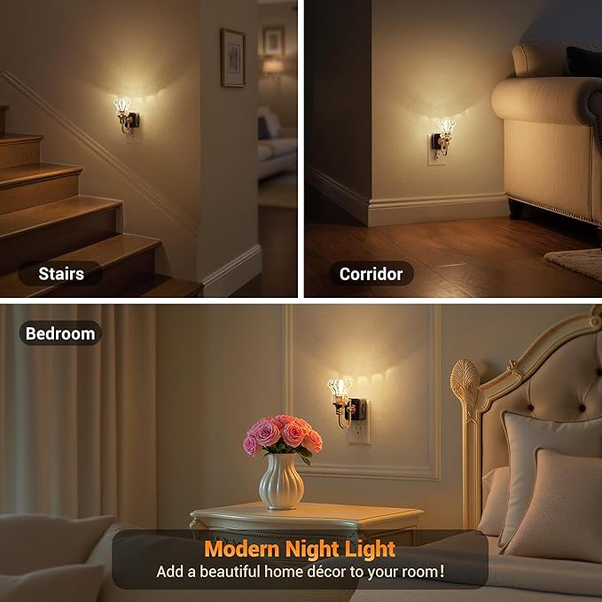 JandCase Night Light, Night Lights Plug into Wall, Glass Floral Nightlight | 0-100LM Dimmable LED Flower Nightlights, Dusk to Dawn Sensor, 1W Vintage Nite Light for Bathroom Hallway Gift Vanity Decor