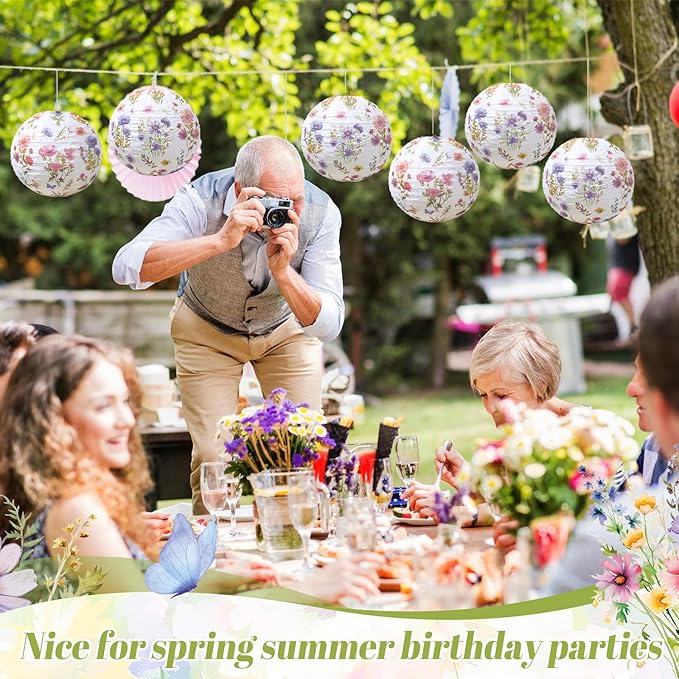 12 Pcs Floral Paper Lanterns Tea Party Decorations Flower Wildflower Spring Birthday Party Decoration Flower 10 Inch Hanging Round Paper Lanterns for Wedding Bridal Shower Baby Shower Decor