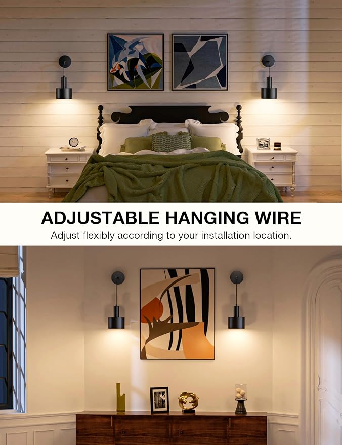Battery Operated Wall Sconce Set of 2, Black Wireless Rechargeable Wall Lights with 5200mAh Dimmable Detachable Bulbs and Remote, 9 Colors Sconces Wall Decor for Bedroom Living Room Hallway