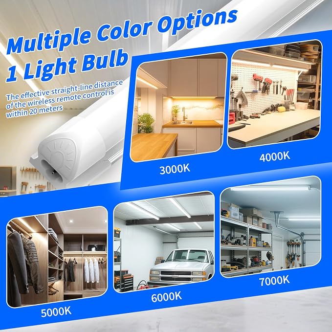 JESLED LED Shop Lights 4FT with Remote, 45W 5400LM Dimmable ETL 4 Pack | 3000K-7000K Adjustable Color Temperature, Linkable Garage Light for Workshop, Basement, Workbench