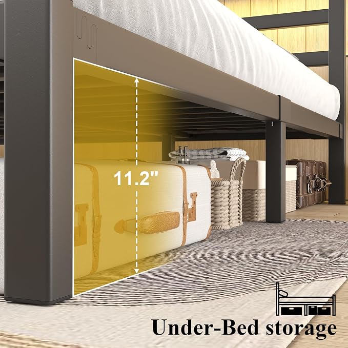 LOEWAY King Size Metal Bed Frame with Storage Headboard & LED Lights, Black | Built-In Charging Station, Under-Bed Storage, Heavy Duty Metal Slats, No Box Spring Needed, Solid and Stable, Easy Assembly