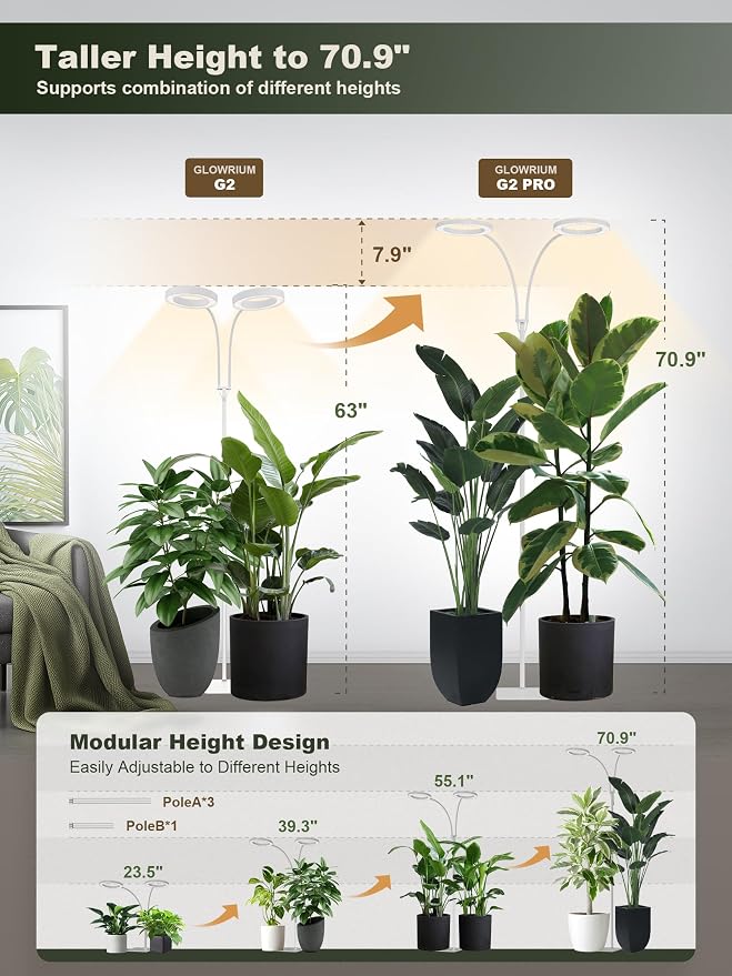 Tall Plant Grow Light for Indoor Plants, Full Spectrum Plant Light | 48W LED Grow Lamp with Dual Heads, 23.5-71" Adjustable Height, 3/9/12/16H Timer, 6-Level Dimming for Large Houseplants