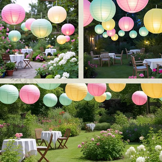 Chinese Paper Lanterns - Pack of 10, 10-Inch Yellow/Pink/Light Green Hanging Lights for Birthday Party Decorations, Ceiling Decor, Rainbow Classroom, Wedding, and Party