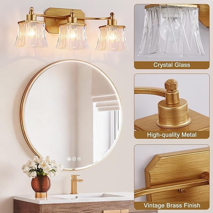Gold Bathroom Vanity Light Fixture, 3-Light Vanity Lights for Bathroom , Matte Antique Brass Finish, with a Square Crystal Glass Shade, Vintage Bathroom Lighting Fixture over Mirror (Gold, 3 Light)