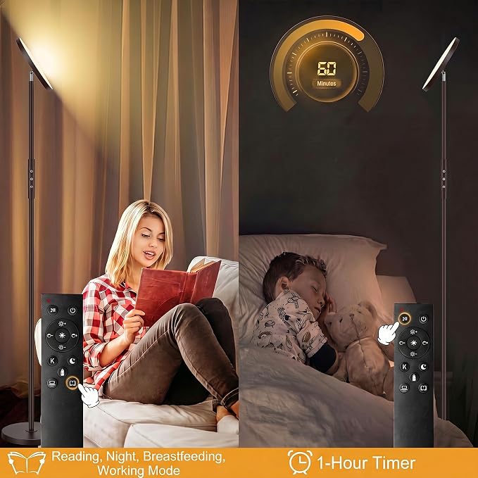 mukuxin Floor Lamp, Upgraded 40W 4000LM Super Bright Torchiere LED Floor Lamps for Living Room, Stepless Dimmable Color Temperature 2700K-6500K with Remote & Touch Control, Standing Light (40W Brown)