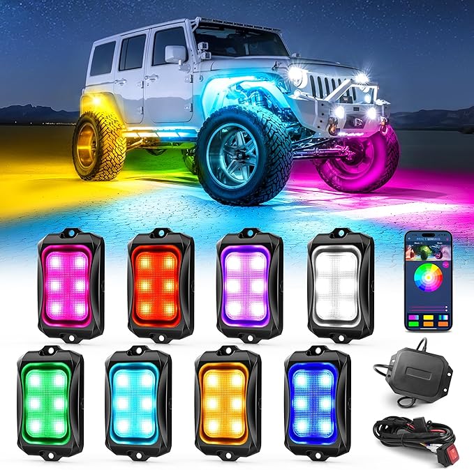 MICTUNING C2+ RGB+IC Rock Lights - 8 Pods Dynamic Chasing Color Underglow Neon Kit, Extensible to 24 Pods, Bluetooth APP Control & IP68 Waterproof, for Trucks Cars ATV UTV Golf Cart (2 Year Warranty)