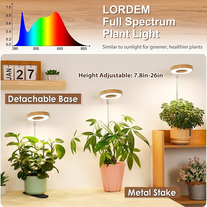 LORDEM Bamboo Base Desktop Grow Light, LED Plant Lamp with Full Spectrum, 4 Adjustable Brightness Levels, 4H/8H/12H Auto Timer for Indoor Plants Growing, Height Adjustable 7.8"-26", 3 Pack