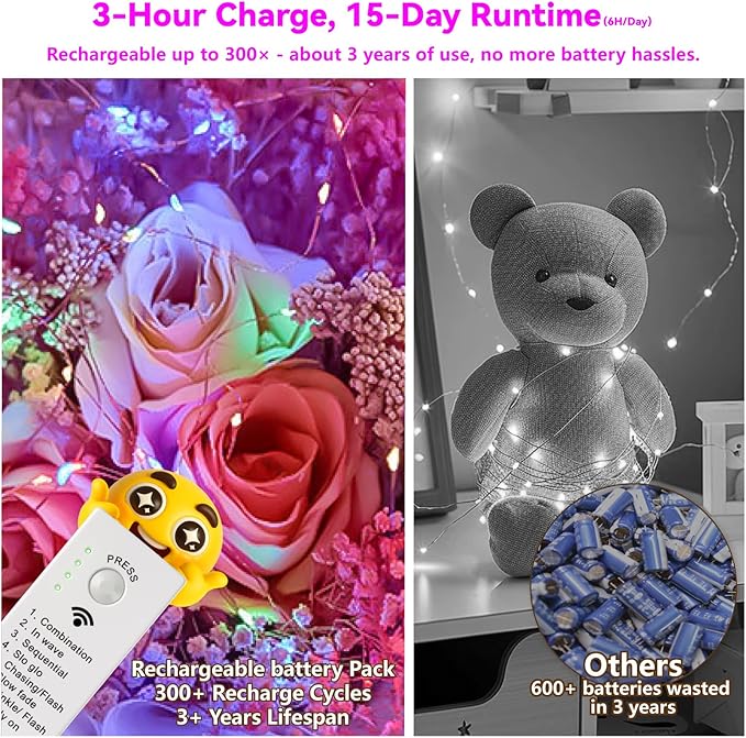 ZSJWL Rechargeable Fairy Lights with DIY Timer & 8 Modes, 16FT 50LED String Lights Battery Operated Indoor, Twinkle mini Lights for Bedroom Christmas Wedding Centerpiece Decor (Multicolor)