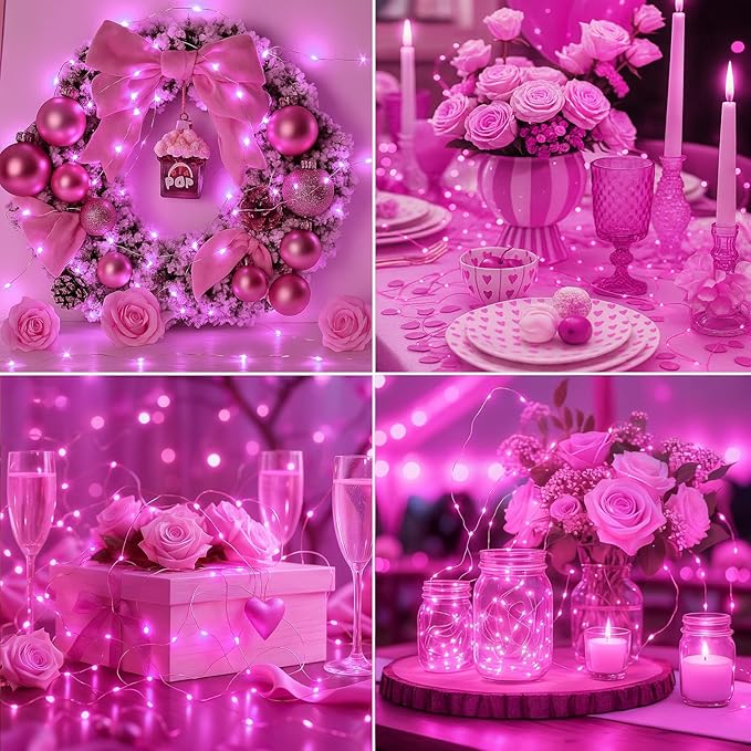 litogo 24 Pack 7FT 20 LED Fairy Lights Battery Operated, 3 Lighting Modes, Bulk Mini Twinkle String Lights Waterproof Silver Wire for Weddings Mason Jars Party Christmas Decorations-Pink