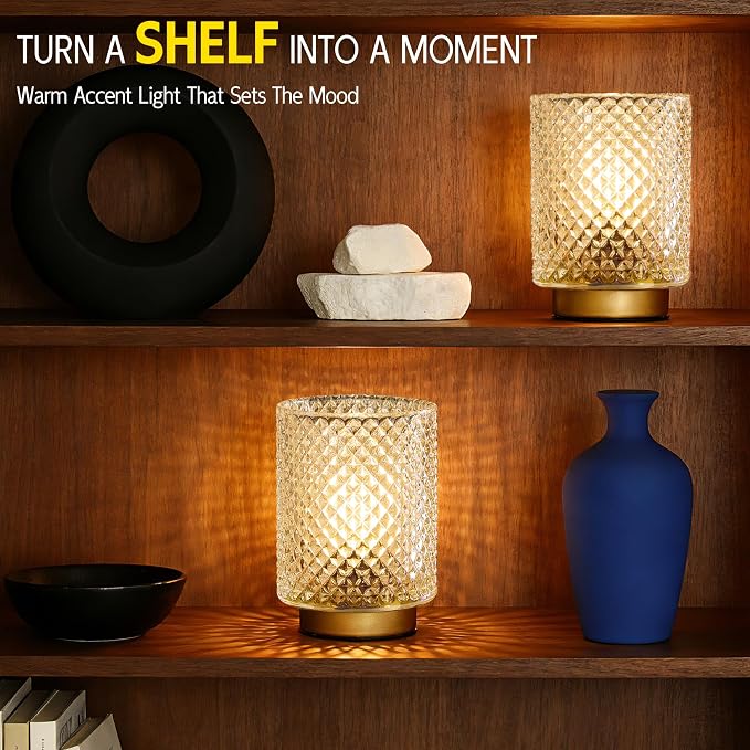 2 Pack Battery Decorative Operated Lamp,Small Accent Table Lamp with Timer for Bedside/shelf,Cordless Glass Ambience Lamp with Warm White Glow for Bookshelf/Entryway/Tabletop Decor(Iridescent Clear)