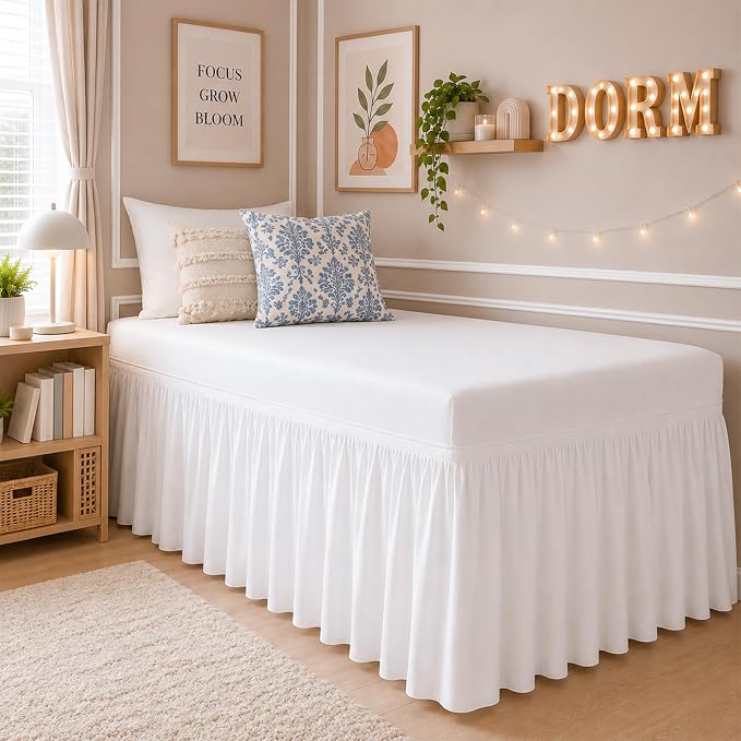 Cottingon Dorm Bed Skirt Twin XL 36" with Split Corners, 100% Microfiber Soft and Stylish, College Room Essential, Extra Long Dust Ruffle for Extended Beds, White