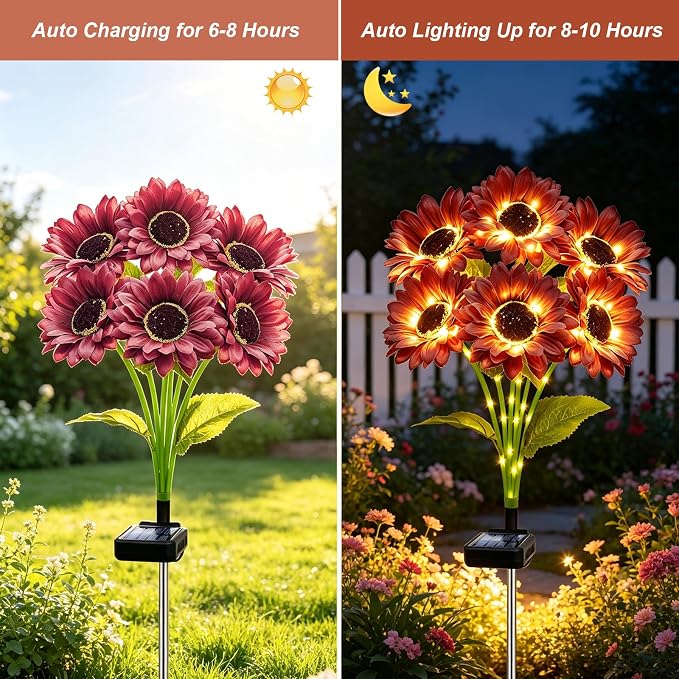 MRHEPHAESTUS Solar Garden Lights Outdoor, 4 Pack Solar Brown Sunflower Lights with 18 Head 3.5 Inch Flowers, Waterproof Flowers Light Fall Decor Auto ON/Off for Garden Yard Patio, Gifts for Mom Women