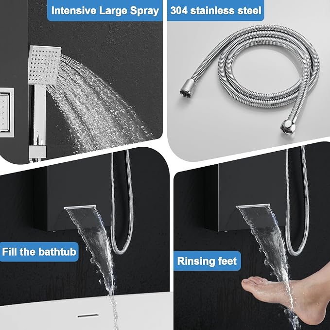ROVOGO Shower Panel Tower System with Led Lights - Battery Powered, 46.5" | Rainfall Waterfall Shower Head, 2 Body Jets, Handheld and Tub Spout, Stainless Steel Shower Column with Brass Valves, Black