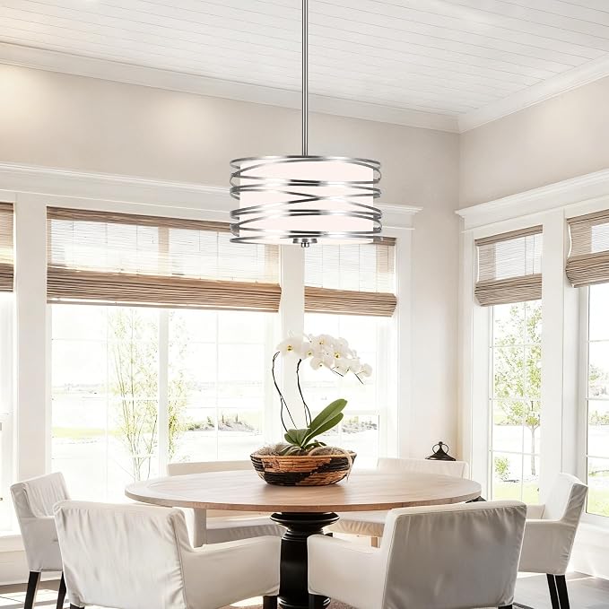 ACNKTZ 12.6'' Brushed Nickel Drum Chandelier, 3-Lights Hanging Dining Room Light Fixtures Over Table, Simple Round Pendant Lighting for Kitchen Island Hallway Bedroom Foyer Bathroom Office
