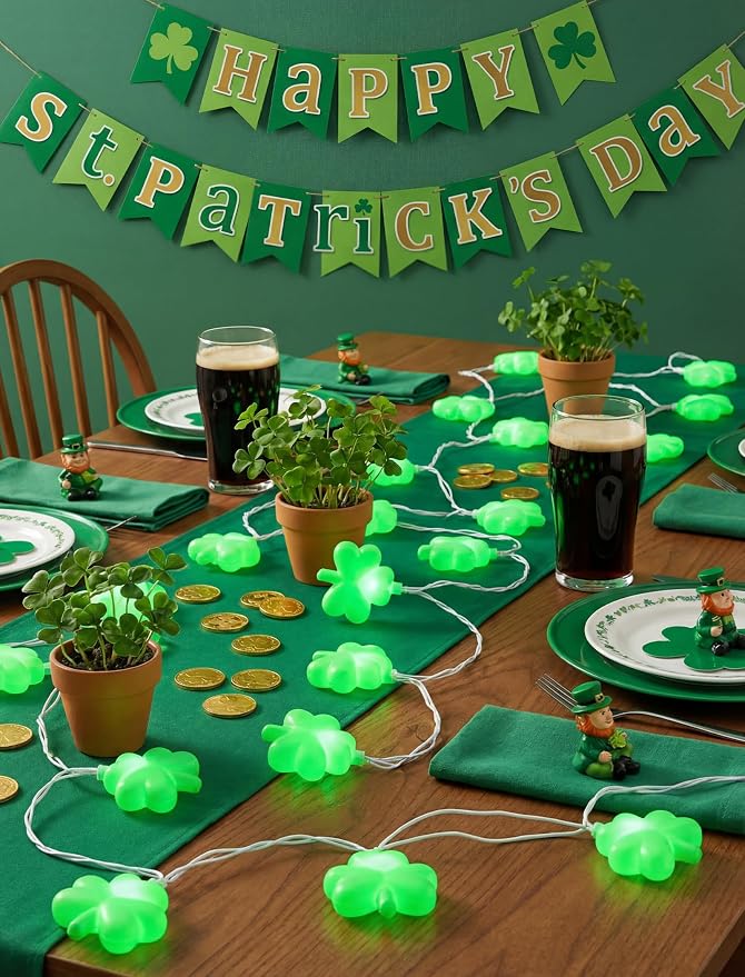 Shamrock String Lights, 8.5Ft St Patrick's Day Decorations with 10 LED Solid Green Clover Lights, Plug in Clover Fairy String Lights for Party Bar Garden Bedroom Party Irish Holiday Decor