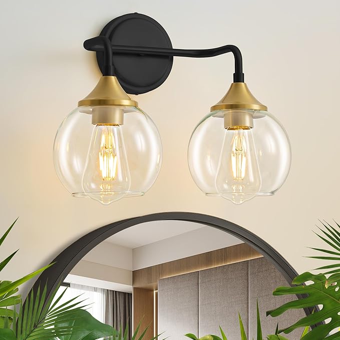 Black and Gold Bathroom Vanity Light 2-Light Vanity Lights 14" | Farmhouse Vanity Lighting Fixtures Over Mirror, Thickened Clear Glass Shade, UL E26 Dimmable Vanity Light Fixtures