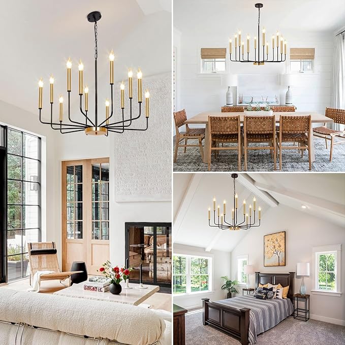 Black and Gold Chandelier for Dining Room, 12-Light Farmhouse Dining Room Light Fixture, Candle Chandelier Light Fixtures, Modern Chandeliers for Living Room Kitchen Foyer Staircase
