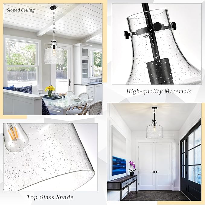 12" Black Seeded Glass Pendant Light, Modern Farmhouse Hanging Ceiling Light Fixture for Kitchen Island, Dining Room, Hallway, Hand-Blown Bubble Glass Shade, E26 Dimmable Pendant Lighting