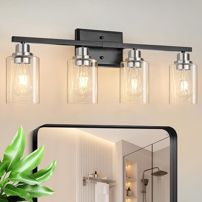 Modern Bathroom Light Fixtures, 4 Light Vanity Lights Over Mirror, Black and Brushed Nickel Wall Lamp with Clear Glass for Living Room Cabinet Bedroom Porch