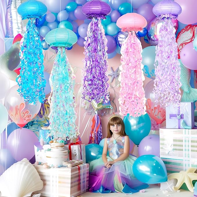 Hanging Jellyfish Lanterns Multi-Color 6 Pack - Ocean-Themed Decor for Under the Sea Mermaid Birthday Party Classroom & VBS Baby Shower Beach Theme