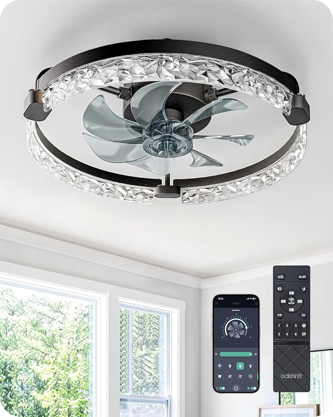 EDISHINE 20'' Ceiling Fans with Lights and Remote, 6 Speeds LED Modern | Flush Mount, DC Motor, APP Control, Black Fandelier, Low Profile Ceiling Fan for Bedroom, Kitchen 3000-6000K Dimmable