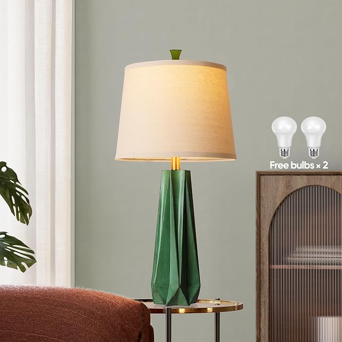 WIHTU 27" Resin Table Lamp Set of 2, Green Desk Lamp, Beside Lamp for Decor | Prism-shaped Lamp Body, Rotary Switch, E26 Base, With Linen Shade, Desk Lamps for Living Room, Bedroom, 2 Bulbs Included