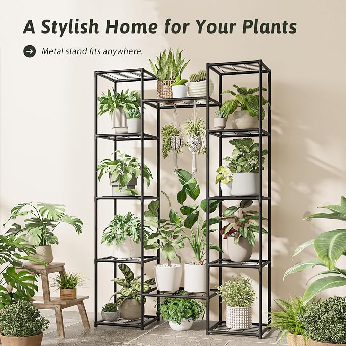 GENTINGBRO Metal Plant Stand Outdoor 62.2" Tall Plant Shelf for Plants 12 Pots Large Plant Sheves for Indoor Plants Living Room Heavy Duty Rack Garden Balcony Patio Hanging Planter