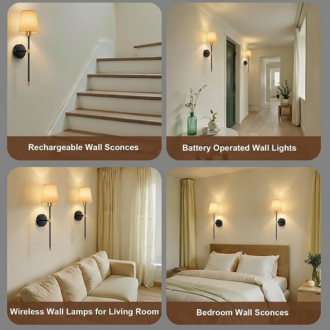 IRONPAX Wall Sconces Battery Operated Set of 2, Wireless Rechargeable Wall Sconce Set of Two, Dimmable Wall Lights with Remote for Bedroom Living Room Hallway Decor (Gold-Black, Fabric Shade)