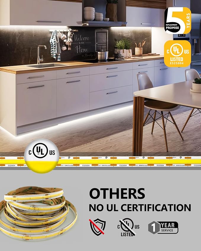 EMITEVER COB LED Strip Lights Neutral White 4000K,UL 24V,32.8ft 4800LEDs | Ra 90+,IP30,3W/ft,305+Lumens/ft,5 Year Warranty(Power Supply Sold Separately)for bedroom,living room,kitchen