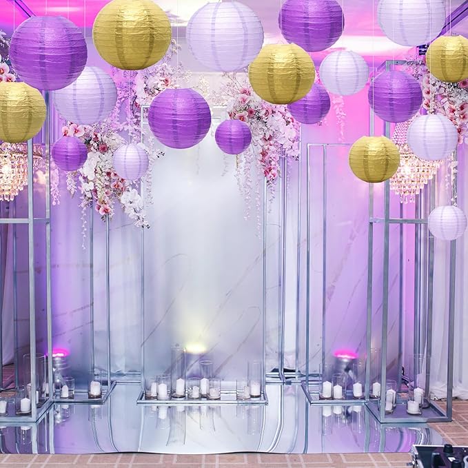 21 Pcs Purple Paper Lanterns Party Decorations, 4/6/8/10 Inch Round Chinese Hanging Paper Lanterns for Bachelorette Engagement, Wedding, Birthday, Graduation, Classroom Decorations