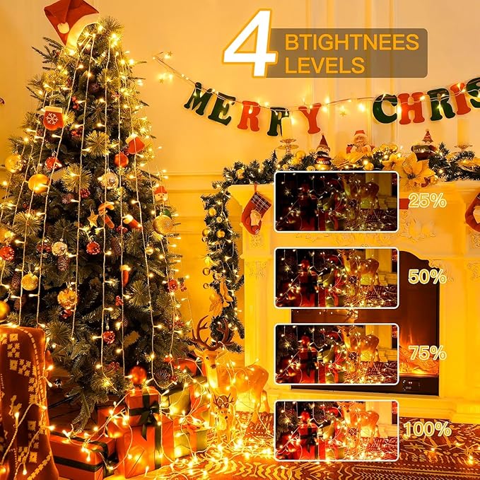 Ollny 400LED 131FT Christmas Lights Outdoor, Clear Wire Fairy Lights with Remote 3 Timer, Plug in 8 Modes String Lights for Bedroom Indoor Outside House Party Xmas Decorations, Warm White