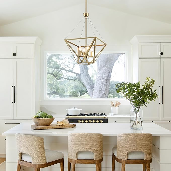LASENCHOO 14.5" Brass Chandelier for Foyer Lighting Fixtures, 4 Lights Brushed Gold Modern Farmhouse Chandelier Lantern Geometric Pendant Light for Kitchen Island Entryway Dining Room Light Fixture